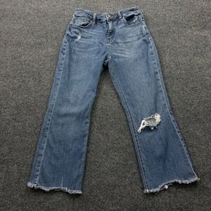 BDG Kick Flare Jeans Women 27 Blue High Rise Cropped Distressed Raw Hem